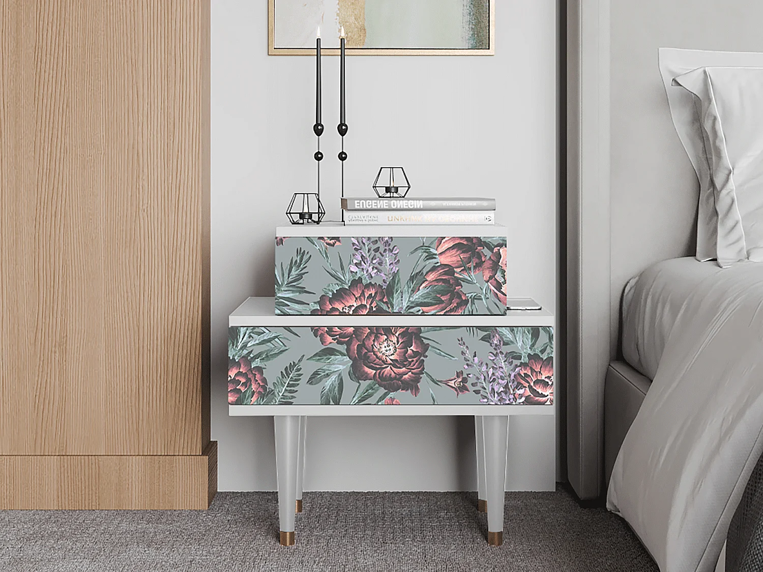 Stolik nocny - 58х58х41 cm - NS1 - Light Peonies, Biały