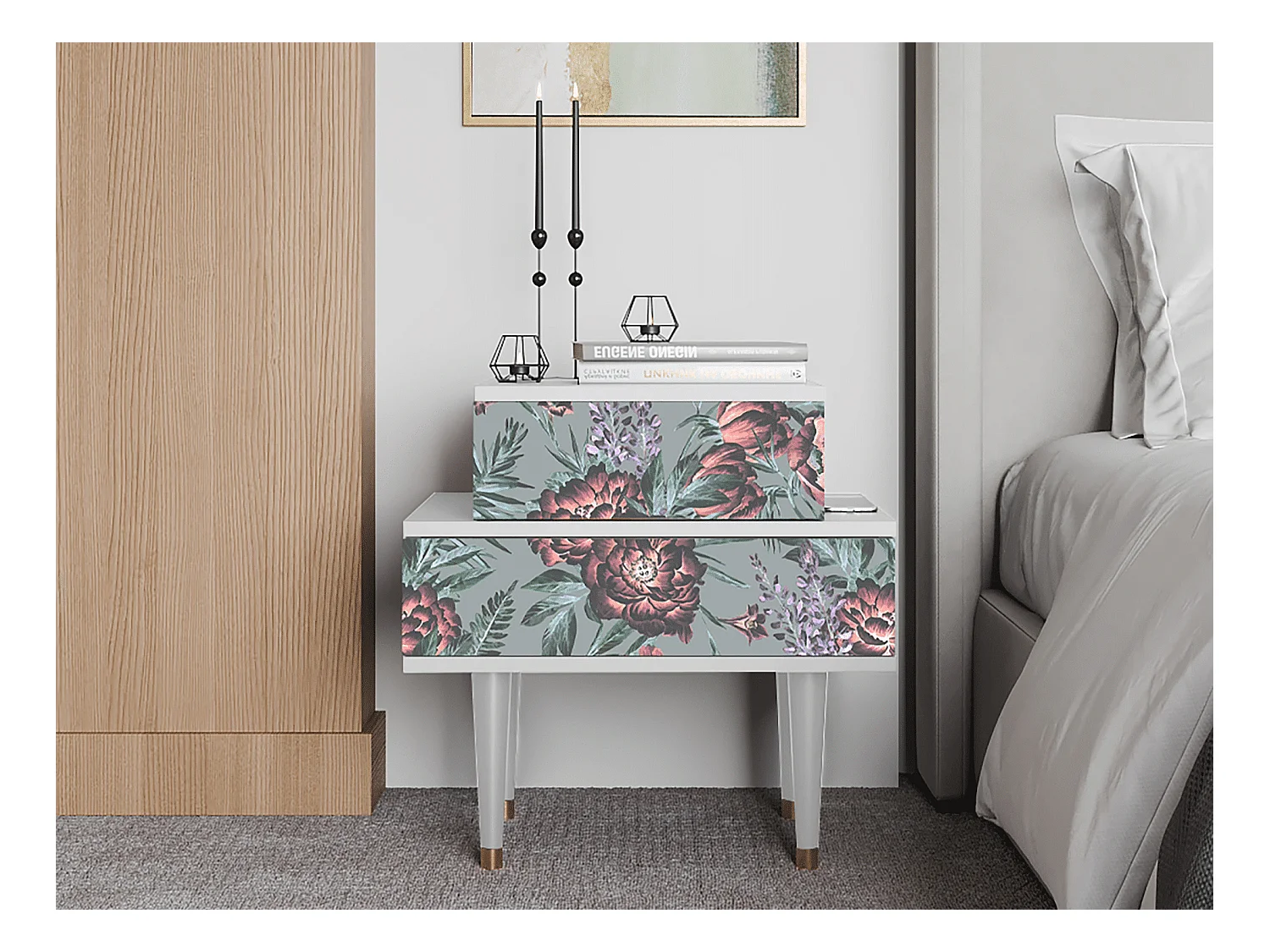 Table de nuit - 58х58х41 cm - NS1 - Light Peonies, Blanc
