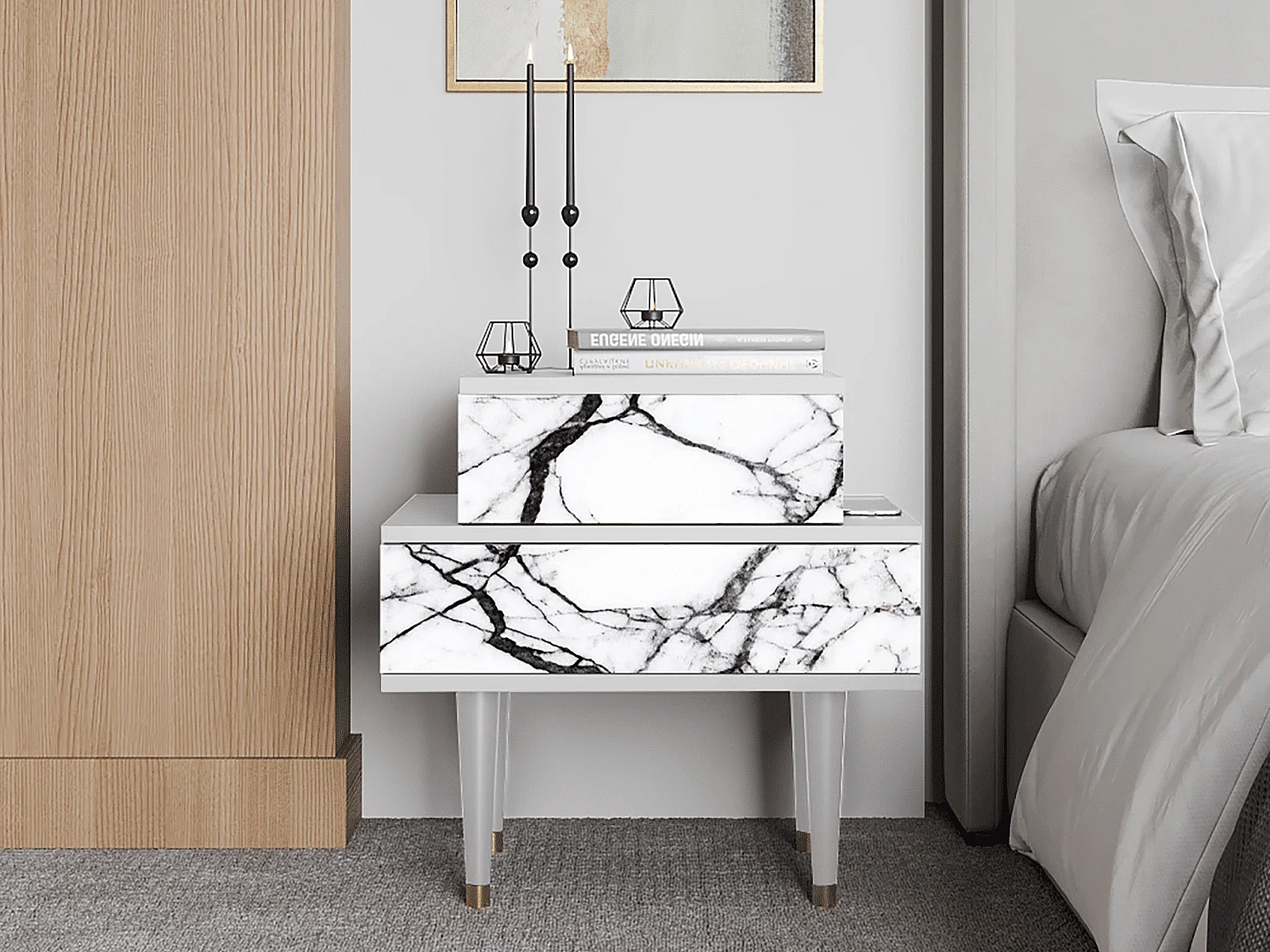 Table de nuit - 58х58х41 cm - NS1 - Raven Marble, Blanc