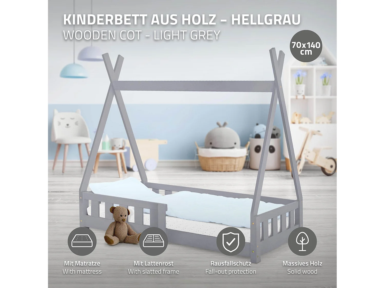 ML-Design Cama infantil tipi 70x140 cm color gris claro con colchón de espuma fría y somier estructura de listones con techo forma de tienda