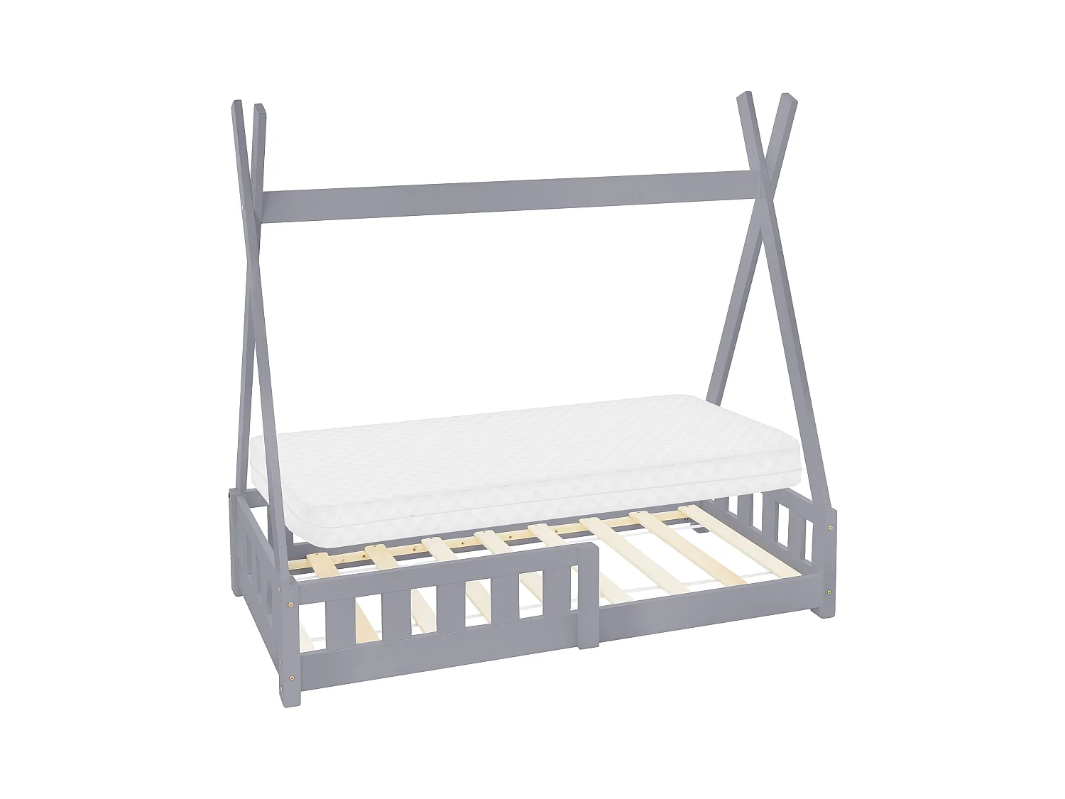 Lit d'enfants Tipi 70x140 cm gris clair style indien cadre bois de pin massif matelas hypoallergénique housse amovible respirant et sommier à lattes
