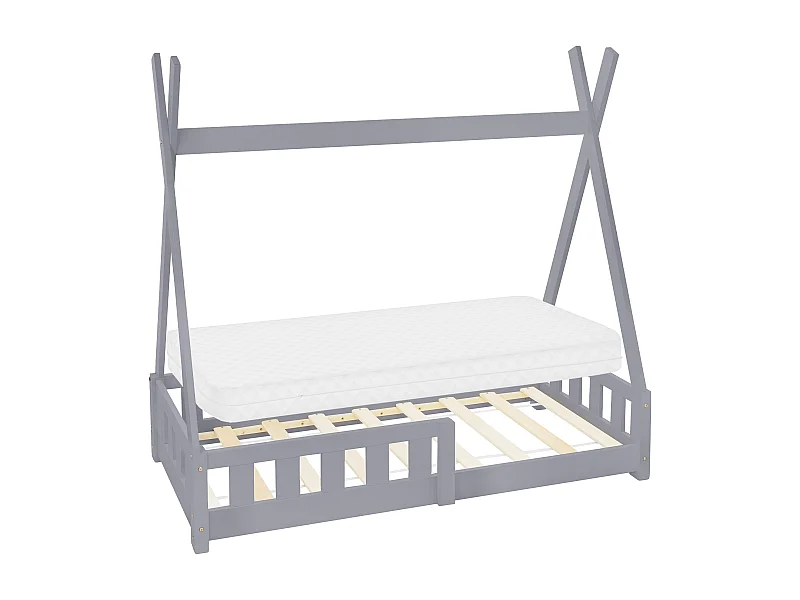 Lit d'enfants Tipi 70x140 cm gris clair style indien cadre bois de pin massif matelas hypoallergénique housse amovible respirant et sommier à lattes
