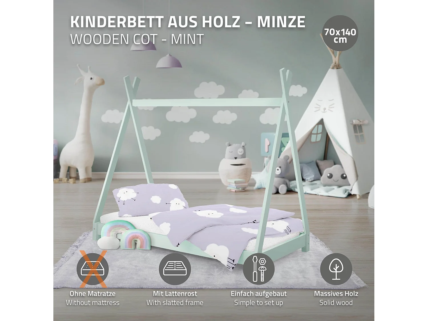 ML-Design Cama infantil tipi 70x140cm color verde con protección anticaída y somier mobiliario con estructura de listones madera de pino maciza