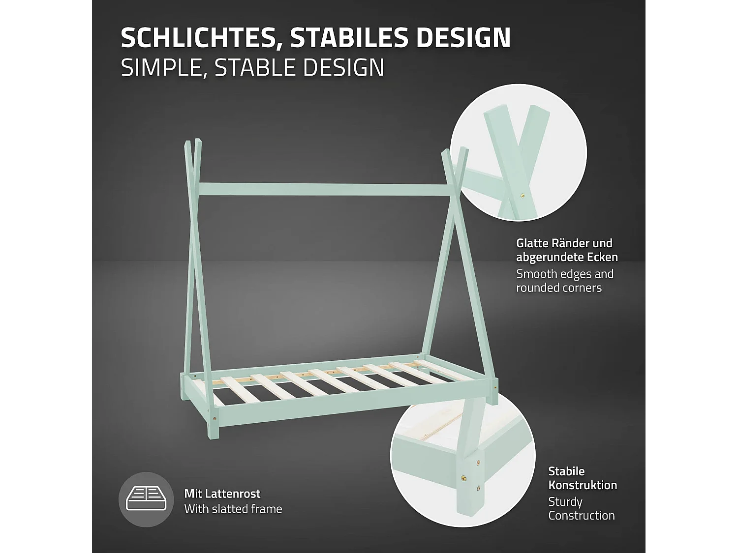 ML-Design Cama infantil tipi 70x140cm color verde con protección anticaída y somier mobiliario con estructura de listones madera de pino maciza