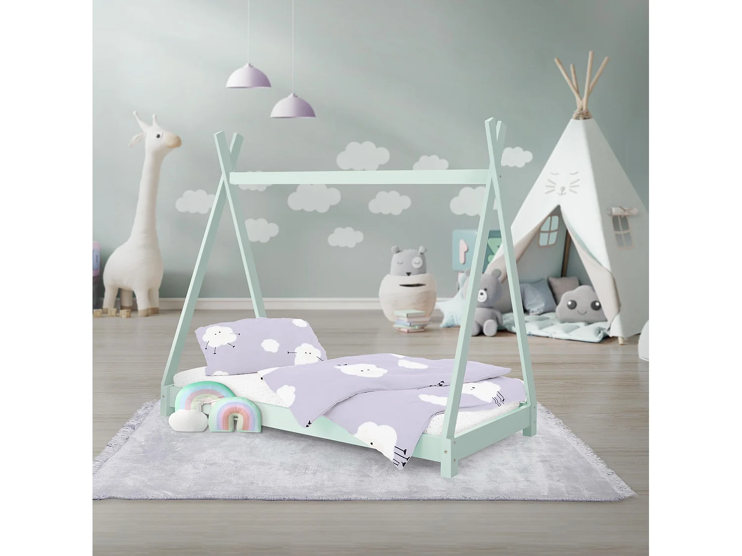 ML-Design Cama infantil tipi 70x140cm color verde con protección anticaída y somier mobiliario con estructura de listones madera de pino maciza