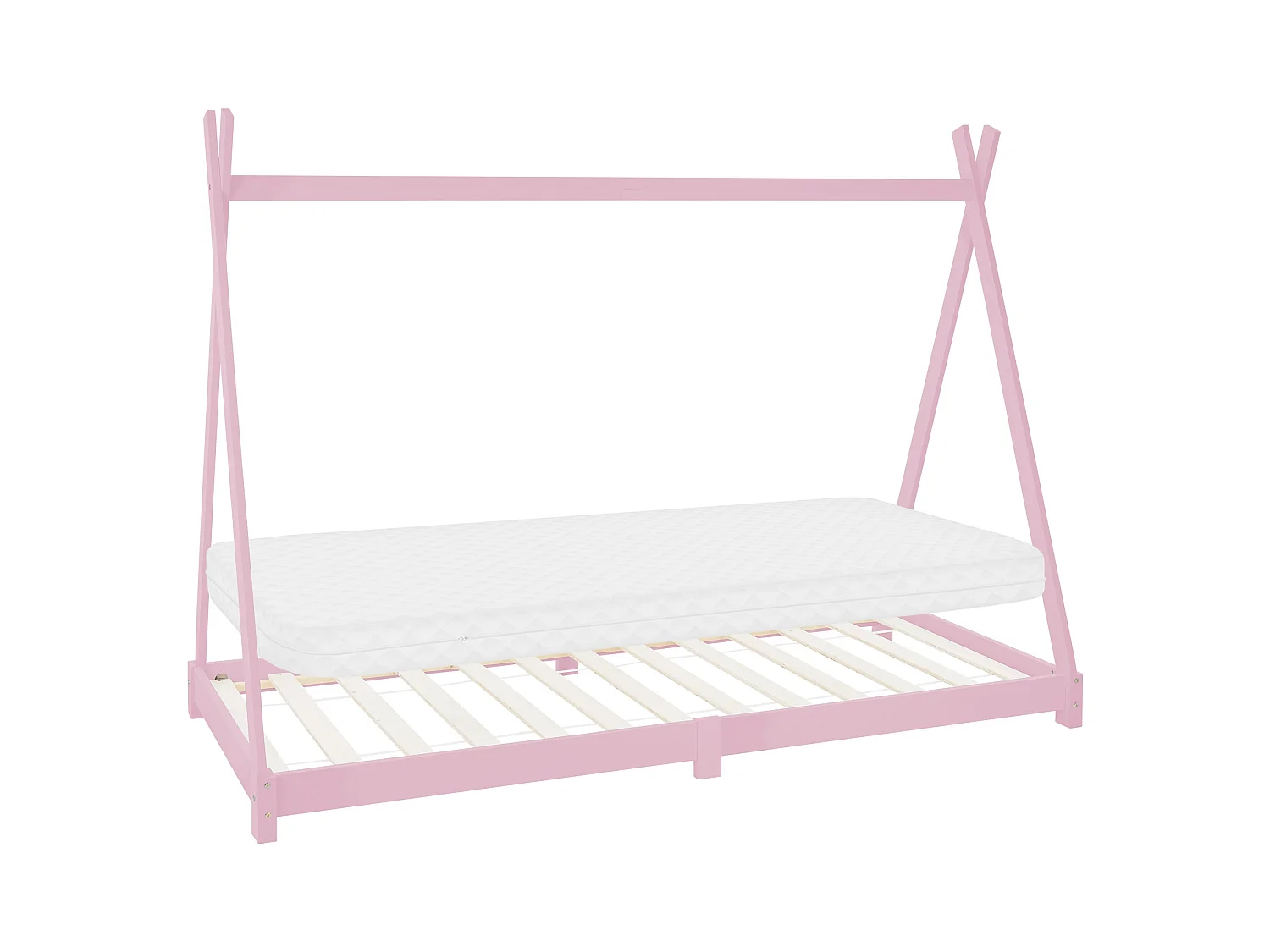 Lit d'enfants Tipi 90x200 cm rose style cadre indien en bois de pin massif avec matelas H:10 cm hypoallergénique housse amovible et sommier à lattes