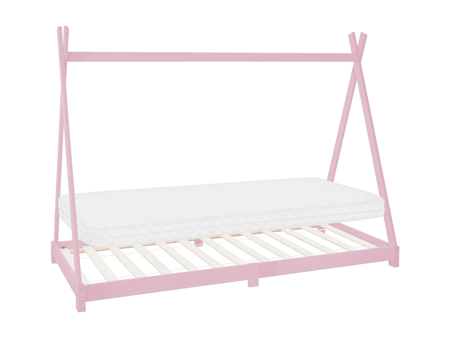 ML-Design Cama infantil tipi 90x200 cm rosa con colchón, protección anticaída y somier mobiliario con estructura de listones madera pino maciza