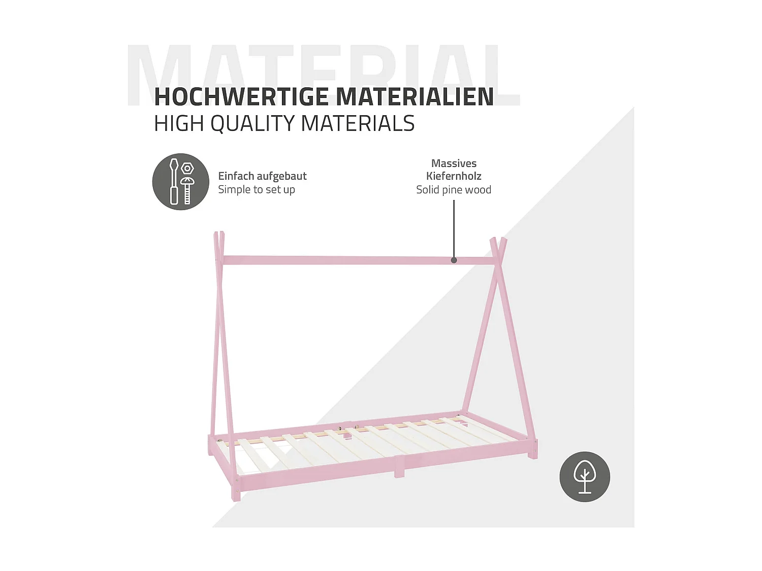 ML-Design Cama infantil tipi 90x200 cm rosa con colchón, protección anticaída y somier mobiliario con estructura de listones madera pino maciza