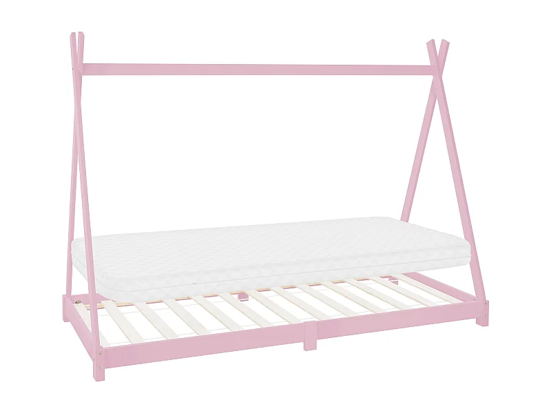 Lit d'enfants Tipi 90x200 cm rose style cadre indien en bois de pin massif avec matelas H:10 cm hypoallergénique housse amovible et sommier à lattes