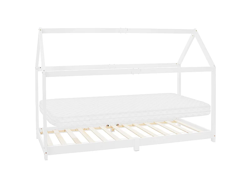 Lit d'enfants 90x200 cm blanc style maison bois de pin massif avec matelas H:10 cm housse amovible sommier protection anti-chute pour filles garçons