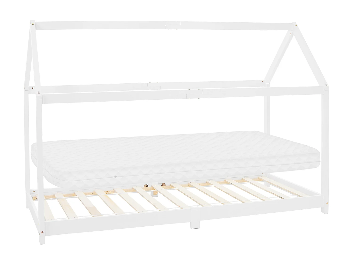 ML-Design Lettino casetta per bambini 90x200 cm bianco in pino massiccio con tetto, rete a doghe e materasso in schiuma fredda stile montessori