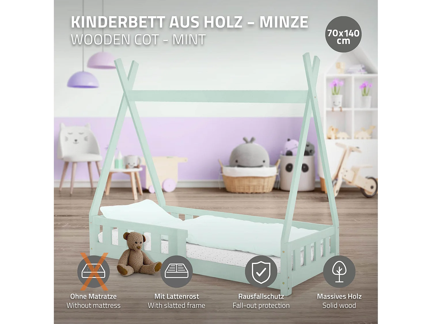 ML-Design Lettino tepee per bambini 70x 140 cm con sponde, letto tenda indiana da gioco in legno di pino massiccio menta per cameretta bimbi