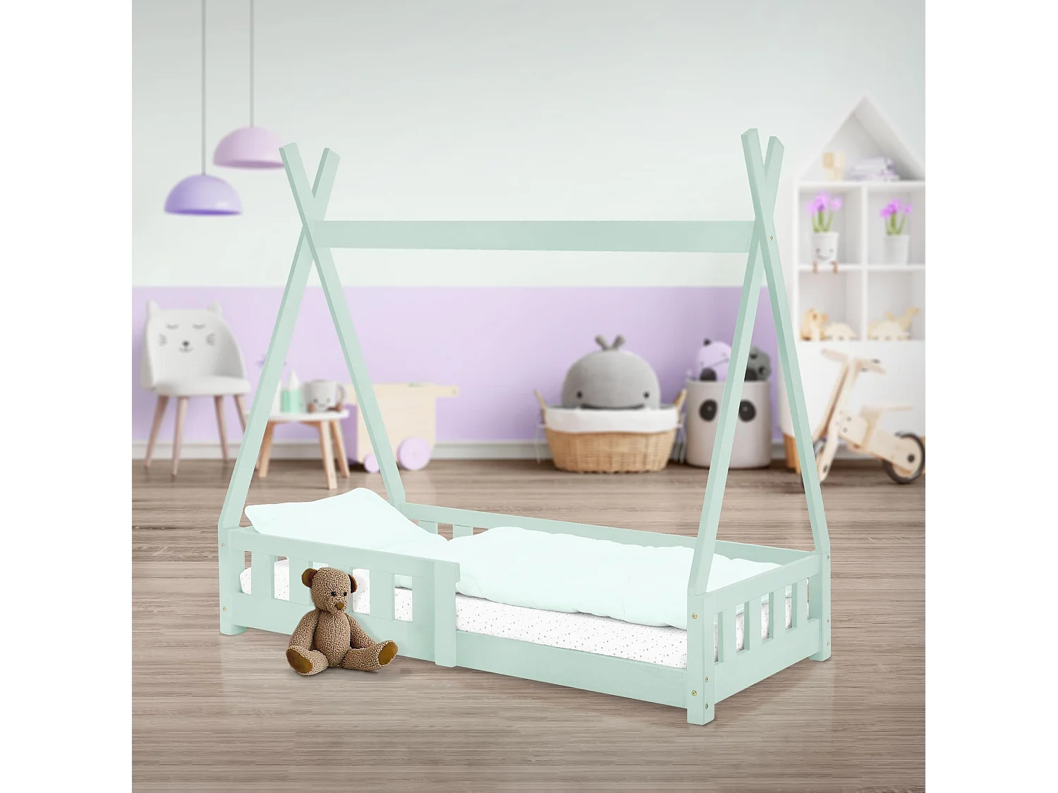 ML-Design Lettino tepee per bambini 70x 140 cm con sponde, letto tenda indiana da gioco in legno di pino massiccio menta per cameretta bimbi