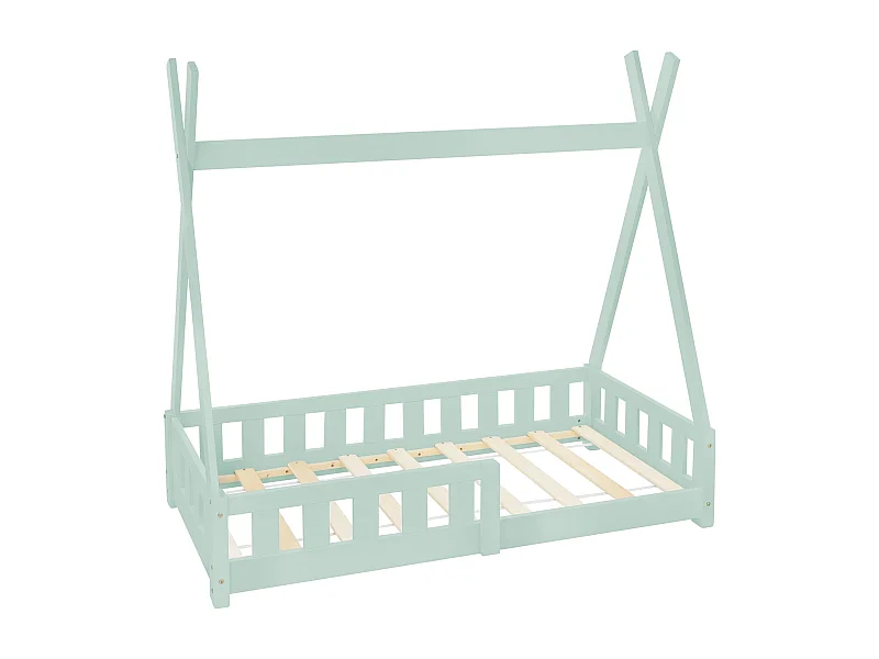Lit d'enfants Tipi 70x140 cm vert menthe style maison avec protection sommier à lattes grille de sécurité en bois de pin tente indien filles/garçons