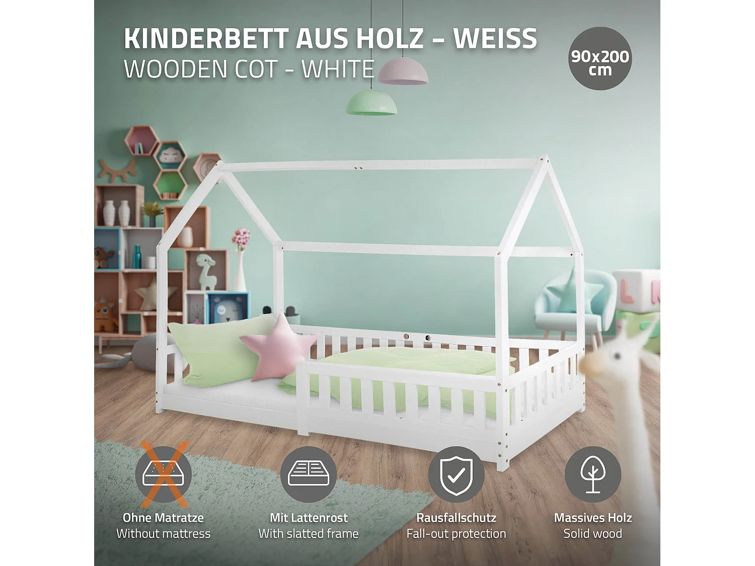 ML-Design Cama infantil 90x200cm color blanco con listones de madera de pino maciza mobiliario forma de casa tienda de campaña para niños