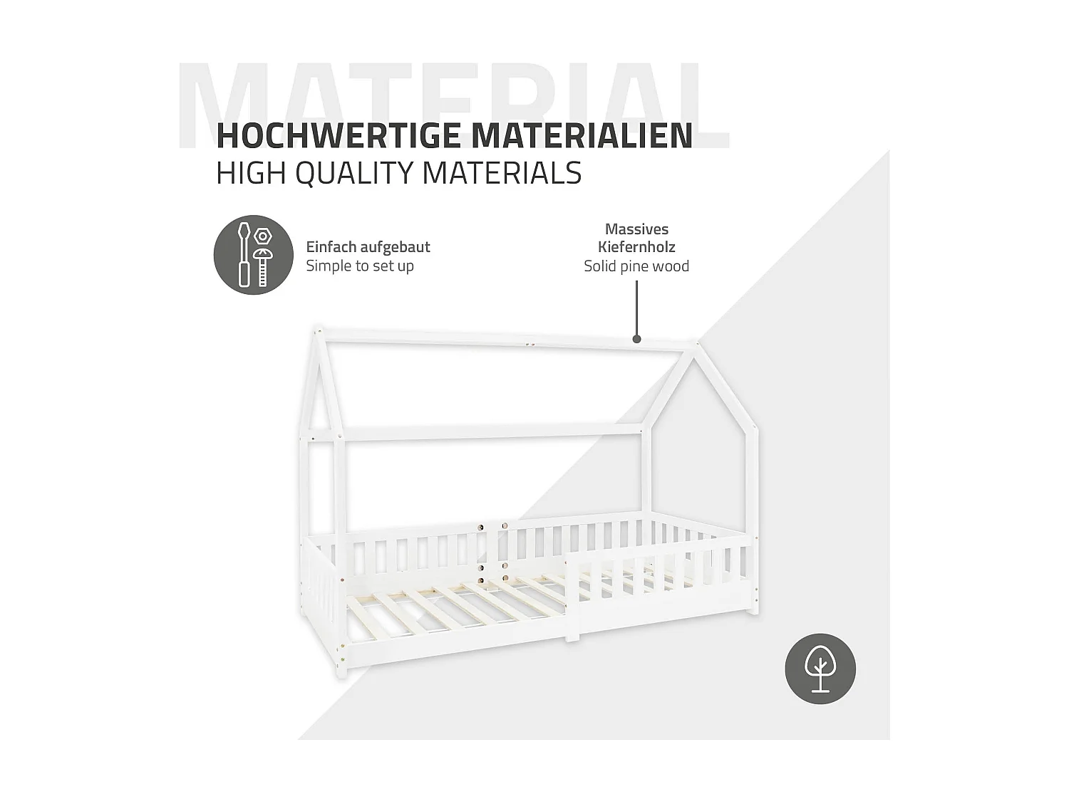 ML-Design Cama infantil 90x200cm color blanco con listones de madera de pino maciza mobiliario forma de casa tienda de campaña para niños