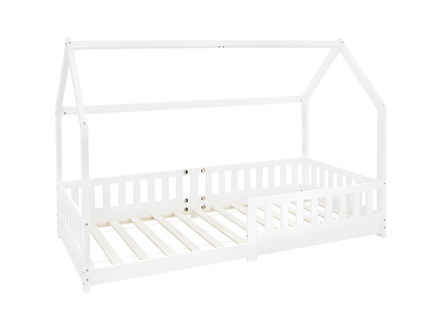 Lit d'enfants Tipi 90x200 cm blanc style maison avec toit et sommier à lattes grille de sécurité bois de pin massif tente de jeu  pour filles/garçons