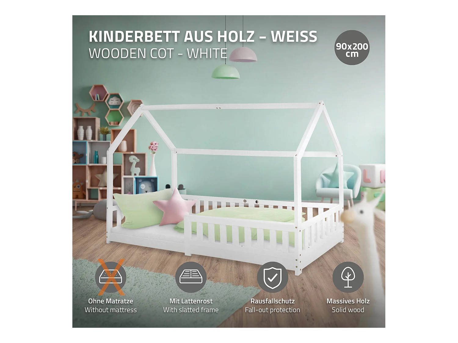 Lit d'enfants Tipi 90x200 cm blanc style maison avec toit et sommier à lattes grille de sécurité bois de pin massif tente de jeu  pour filles/garçons