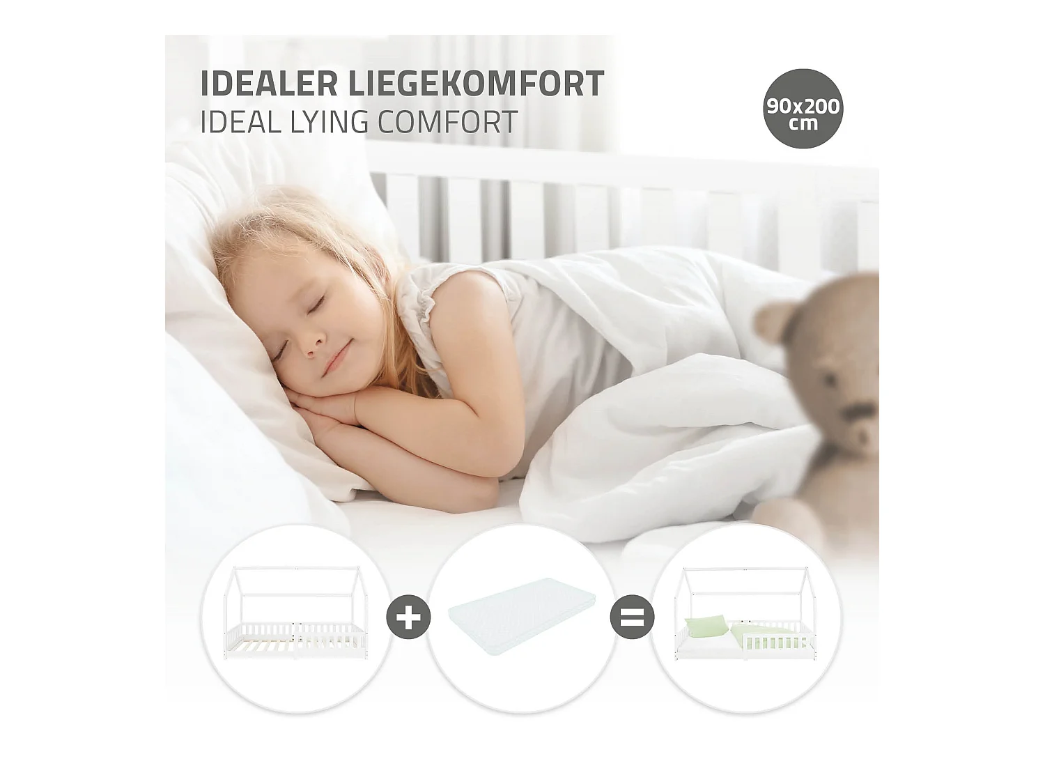 Lit d'enfants Tipi 90x200 cm blanc style maison avec toit et sommier à lattes grille de sécurité bois de pin massif tente de jeu  pour filles/garçons