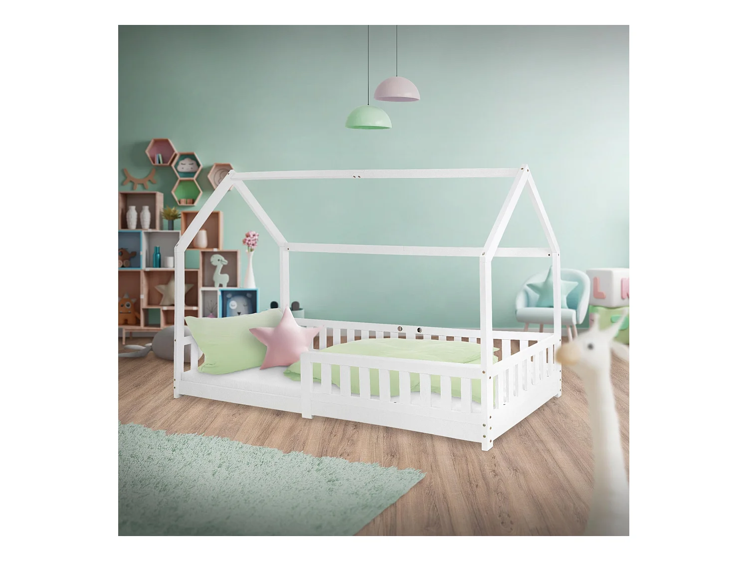 Lit d'enfants Tipi 90x200 cm blanc style maison avec toit et sommier à lattes grille de sécurité bois de pin massif tente de jeu  pour filles/garçons