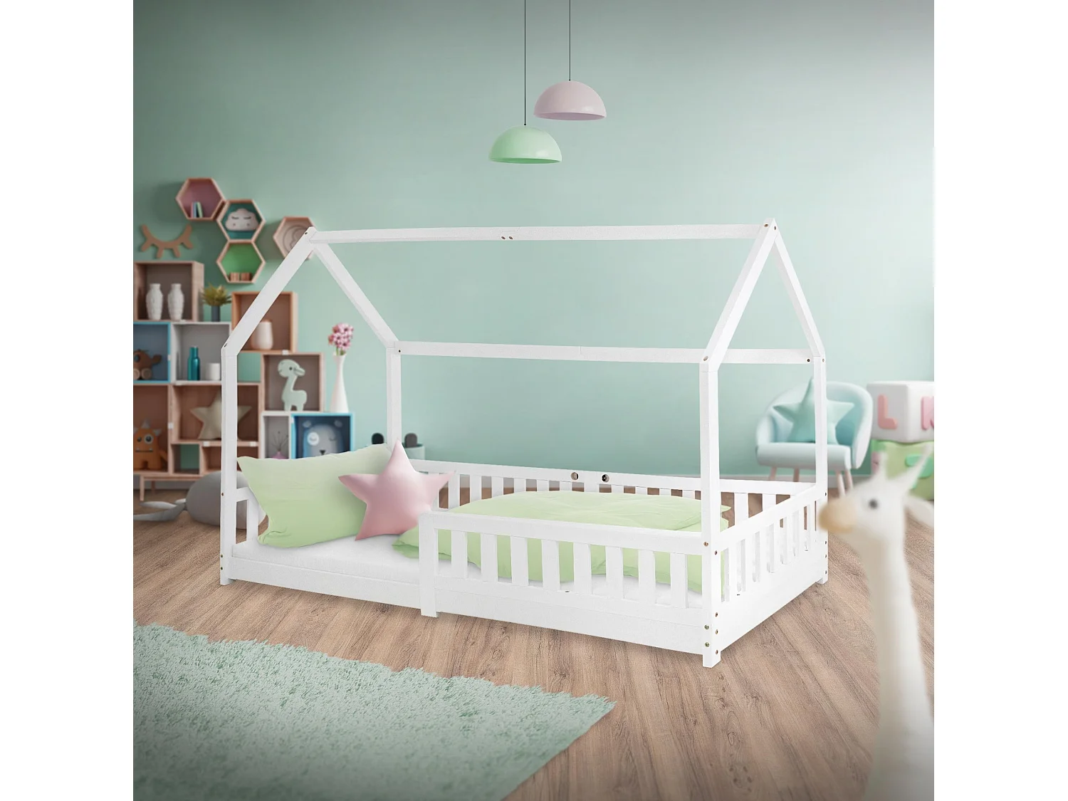 ML-Design Letto a forma di casa per bambini 90x200 cm con rete a doghe, protezione anticaduta, legno di pino bianco, lettino per cameretta bimbi