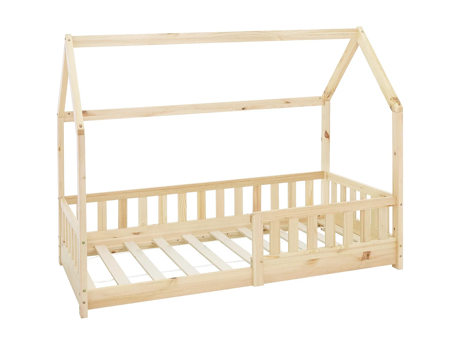 Lit d'enfants 160x80 cm naturel style maison avec toit et sommier à lattes protection contre chutes en bois de pin massif filles/garçons de 3 à 10 ans