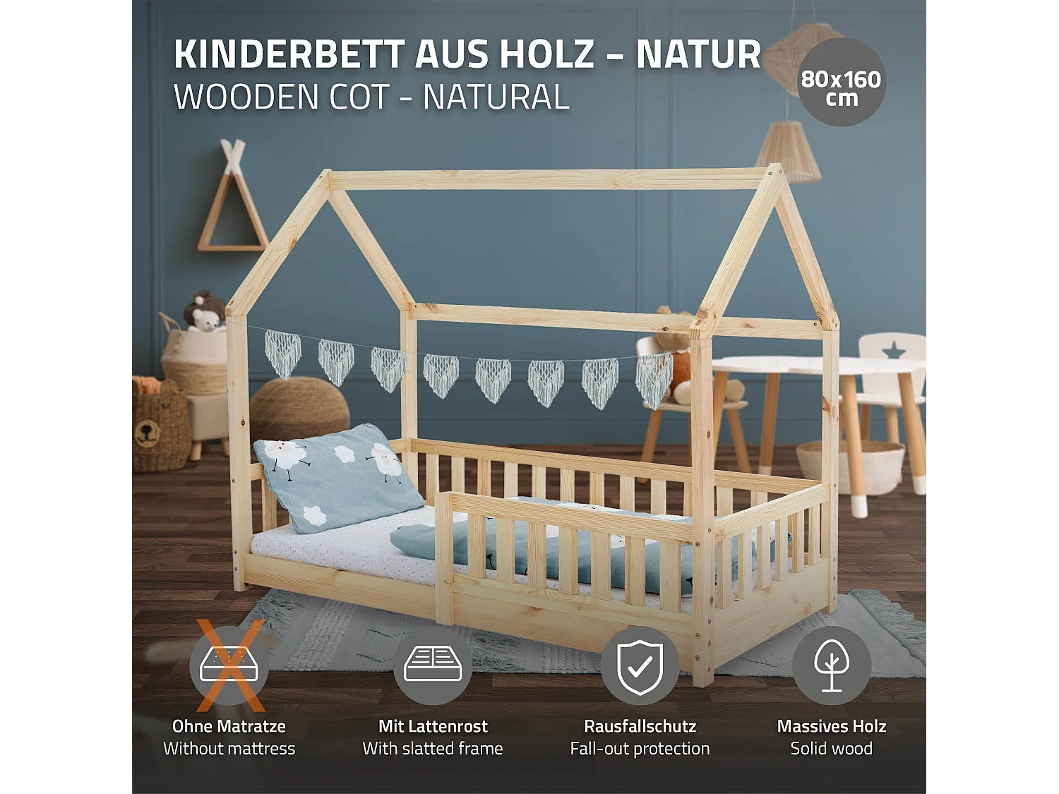 Lit d'enfants 160x80 cm naturel style maison avec toit et sommier à lattes protection contre chutes en bois de pin massif filles/garçons de 3 à 10 ans