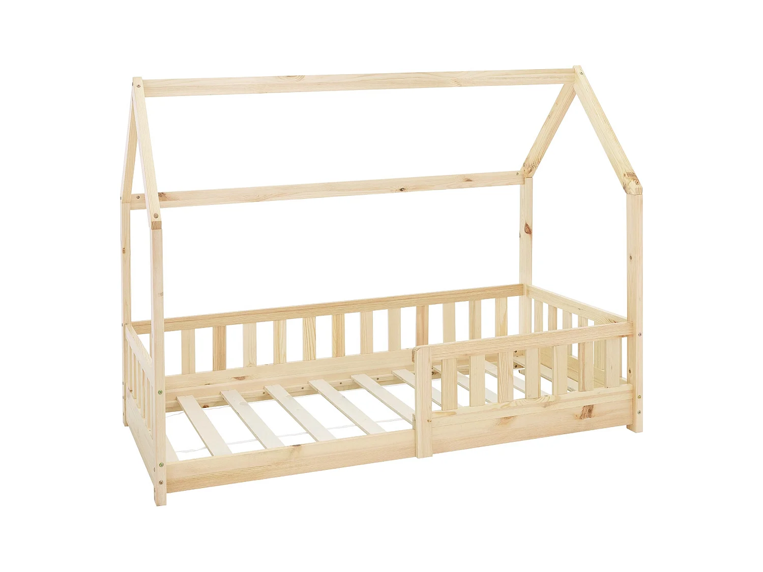 Lit d'enfants 160x80 cm naturel style maison avec toit et sommier à lattes protection contre chutes en bois de pin massif filles/garçons de 3 à 10 ans