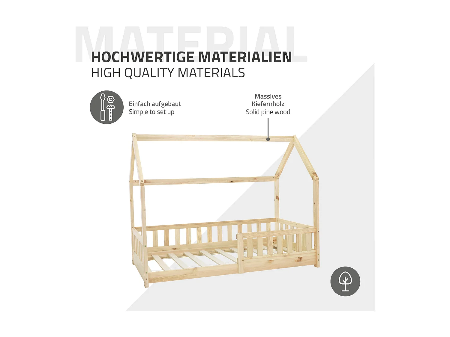 Lit d&#039;enfants 160x80 cm naturel style maison avec toit et sommier à lattes protection contre chutes en bois de pin massif filles/garçons de 3 à 10 ans