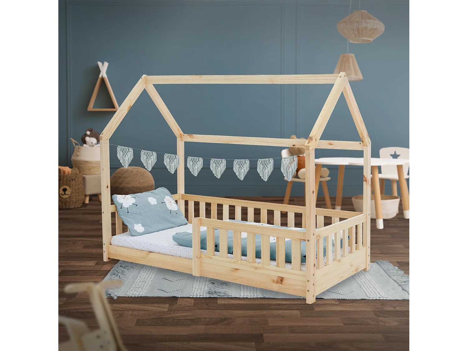 Lit d&#039;enfants 160x80 cm naturel style maison avec toit et sommier à lattes protection contre chutes en bois de pin massif filles/garçons de 3 à 10 ans