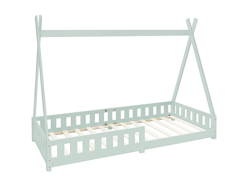 ML-Design Cama infantil tipi 200x90cm color verde con protección anticaída y somier mobiliario con estructura de listones madera de pino maciza
