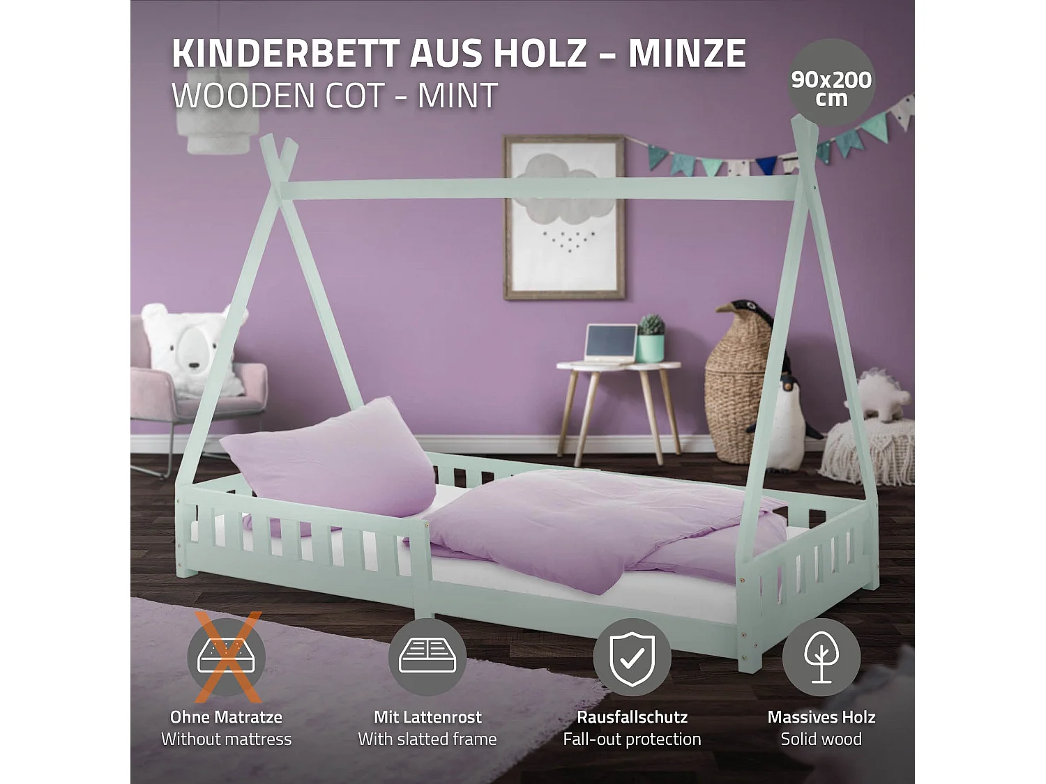 Lit d'enfants Tipi 90x200 cm vert menthe style indien avec clôture et sommier à lattes antichutes en bois de pin tente de jeu pour filles/garçons