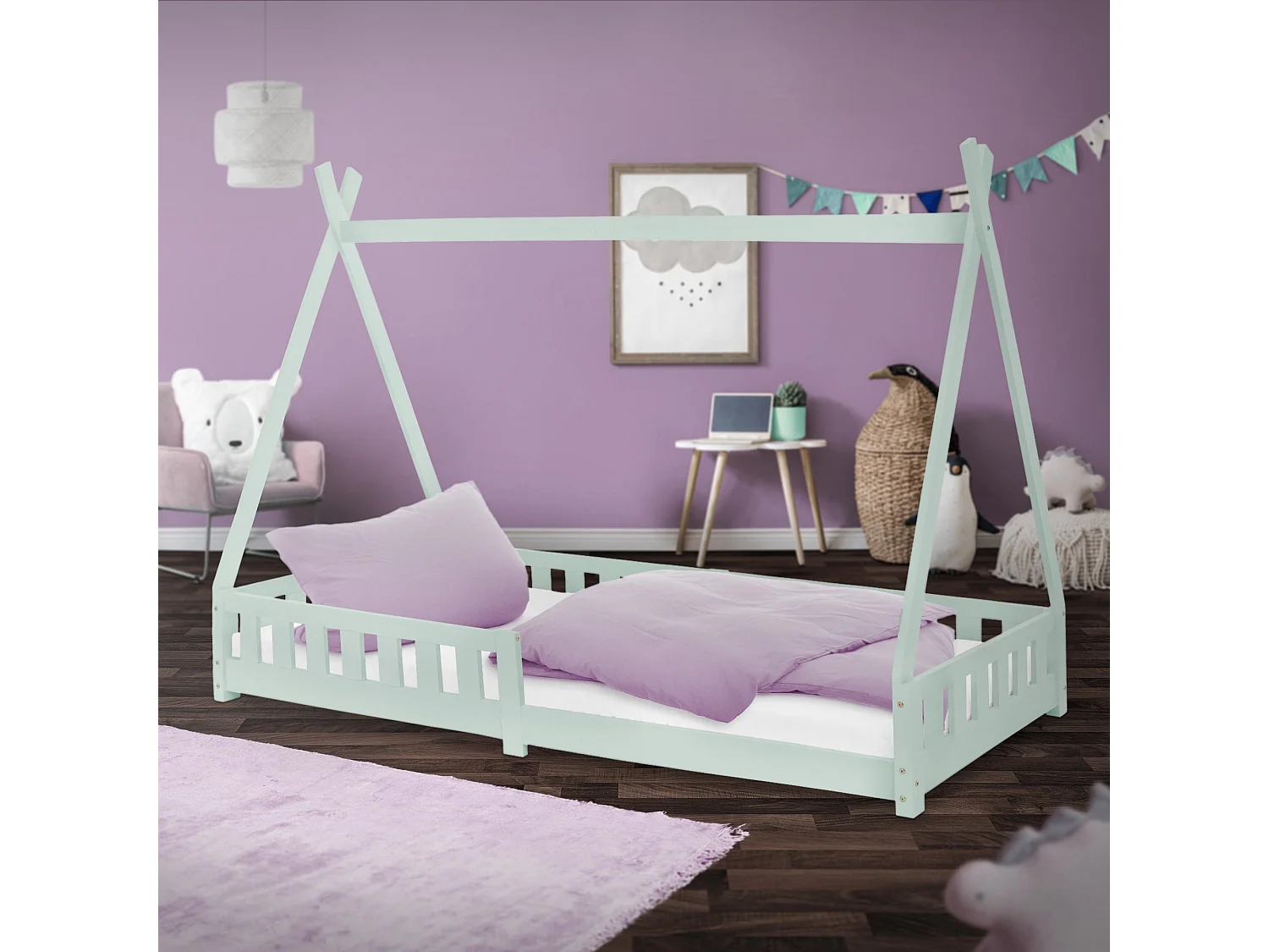 Lit d'enfants Tipi 90x200 cm vert menthe style indien avec clôture et sommier à lattes antichutes en bois de pin tente de jeu pour filles/garçons