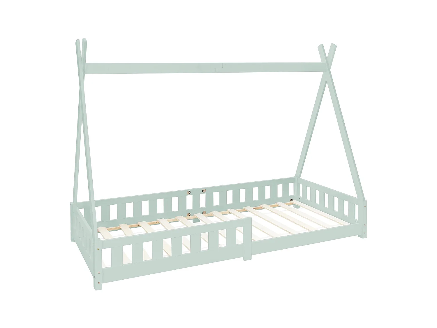 Lit d'enfants Tipi 90x200 cm vert menthe style indien avec clôture et sommier à lattes antichutes en bois de pin tente de jeu pour filles/garçons