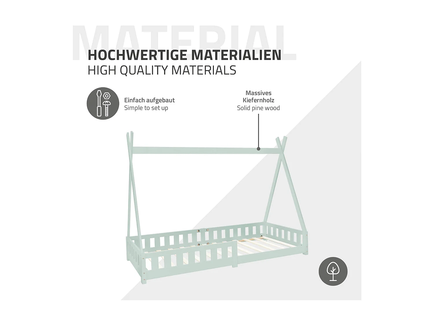 ML-Design Lettino tepee per bambini 90x 200 cm verde menta con sponde, letto tenda indiana in legno di pino massiccio per cameretta bimbi