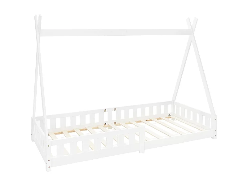 Lit d'enfants Tipi 90x200 cm blanc style indien avec clôture et sommier à lattes protection antichutes en bois de pin tente de jeu pour filles/garçons