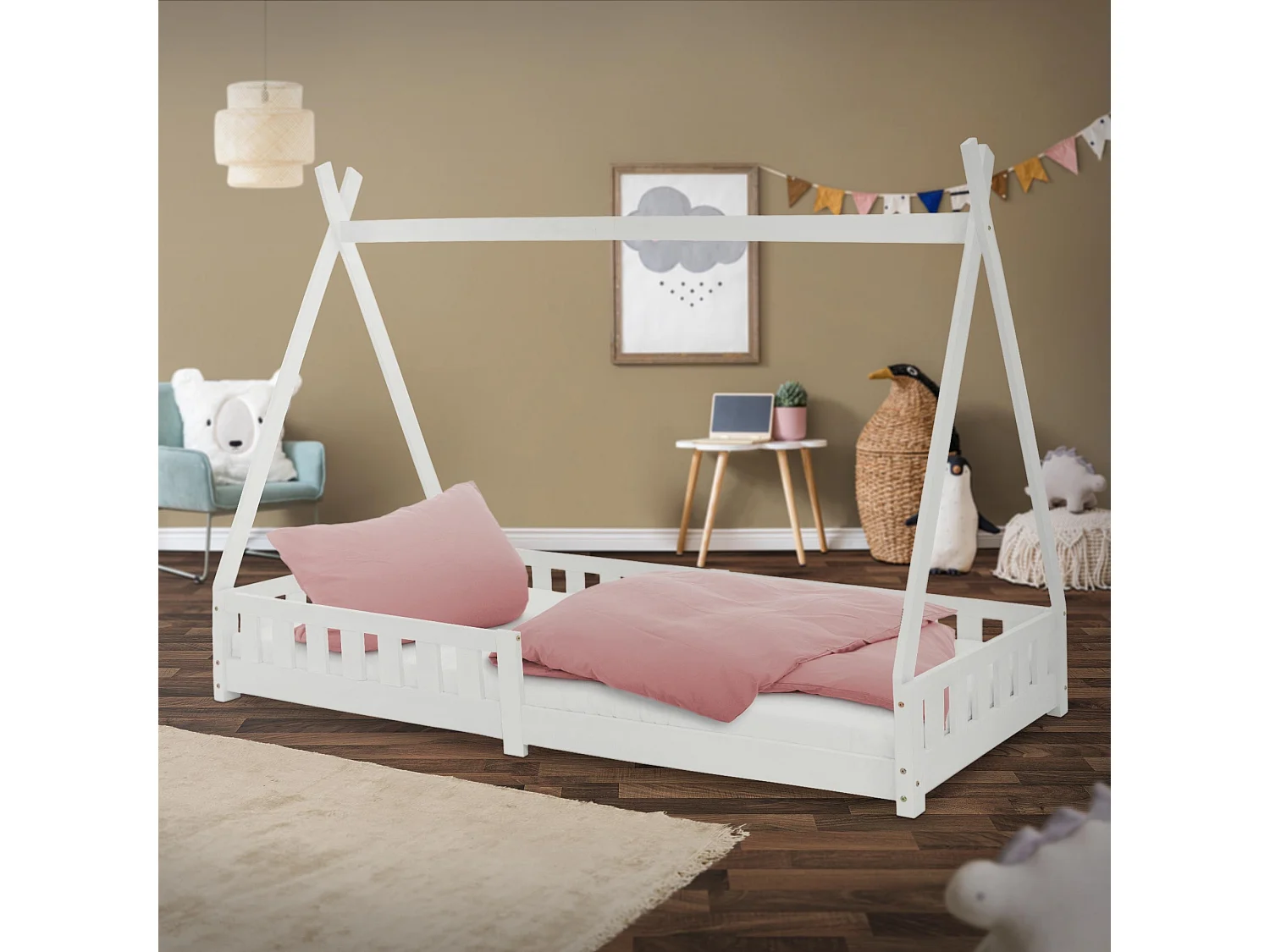 Lit d'enfants Tipi 90x200 cm blanc style indien avec clôture et sommier à lattes protection antichutes en bois de pin tente de jeu pour filles/garçons