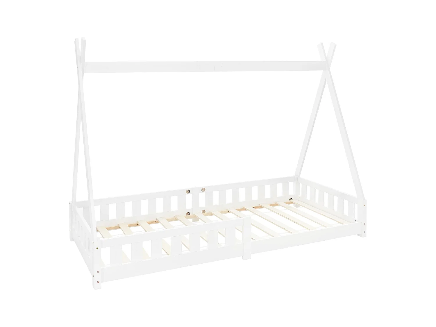 Lit d'enfants Tipi 90x200 cm blanc style indien avec clôture et sommier à lattes protection antichutes en bois de pin tente de jeu pour filles/garçons