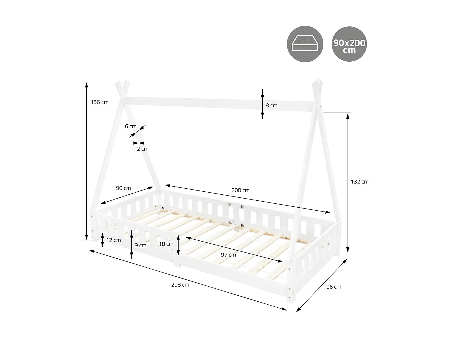 ML-Design Lettino tepee per bambini 90x 200 cm bianco con sponde, letto tenda indiana in legno di pino massiccio per cameretta bimbi