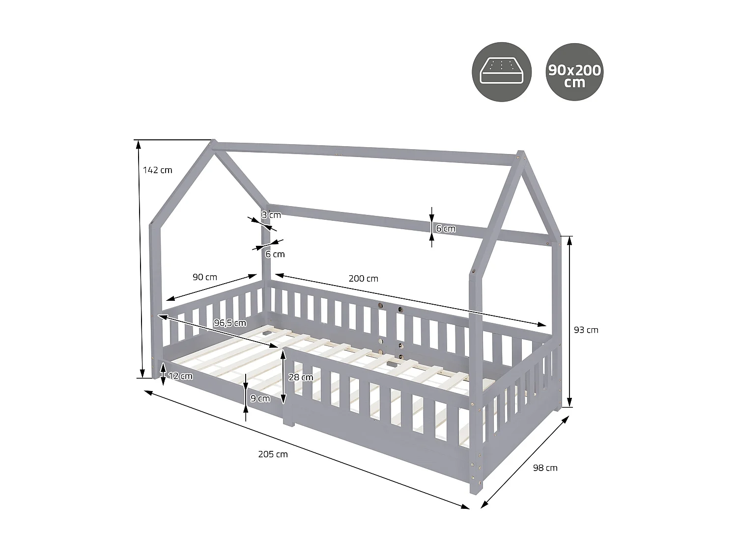 Lit d'enfants 90x200 cm gris clair style maison bois de pin massif matelas H:10 cm housse amovible sommier protection anti-chute pour filles garçons