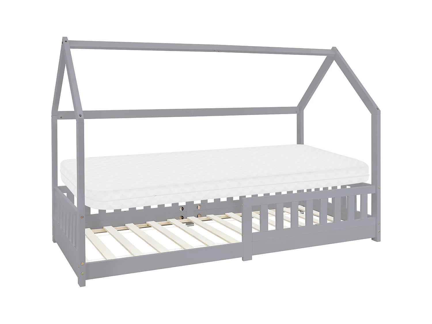Lit d'enfants 90x200 cm gris clair style maison bois de pin massif matelas H:10 cm housse amovible sommier protection anti-chute pour filles garçons