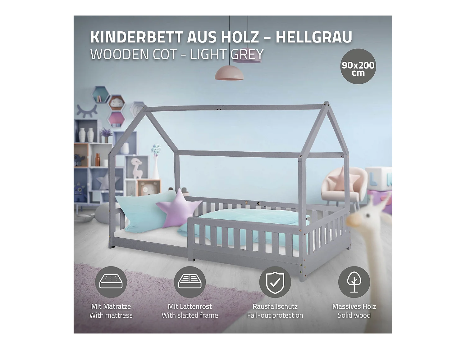 Lit d'enfants 90x200 cm gris clair style maison bois de pin massif matelas H:10 cm housse amovible sommier protection anti-chute pour filles garçons