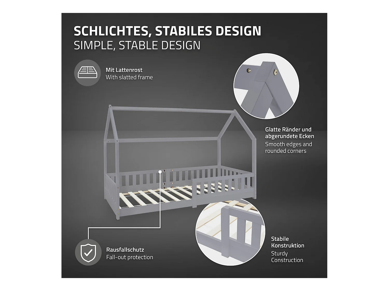 Lit d'enfants 90x200 cm gris clair style maison bois de pin massif matelas H:10 cm housse amovible sommier protection anti-chute pour filles garçons