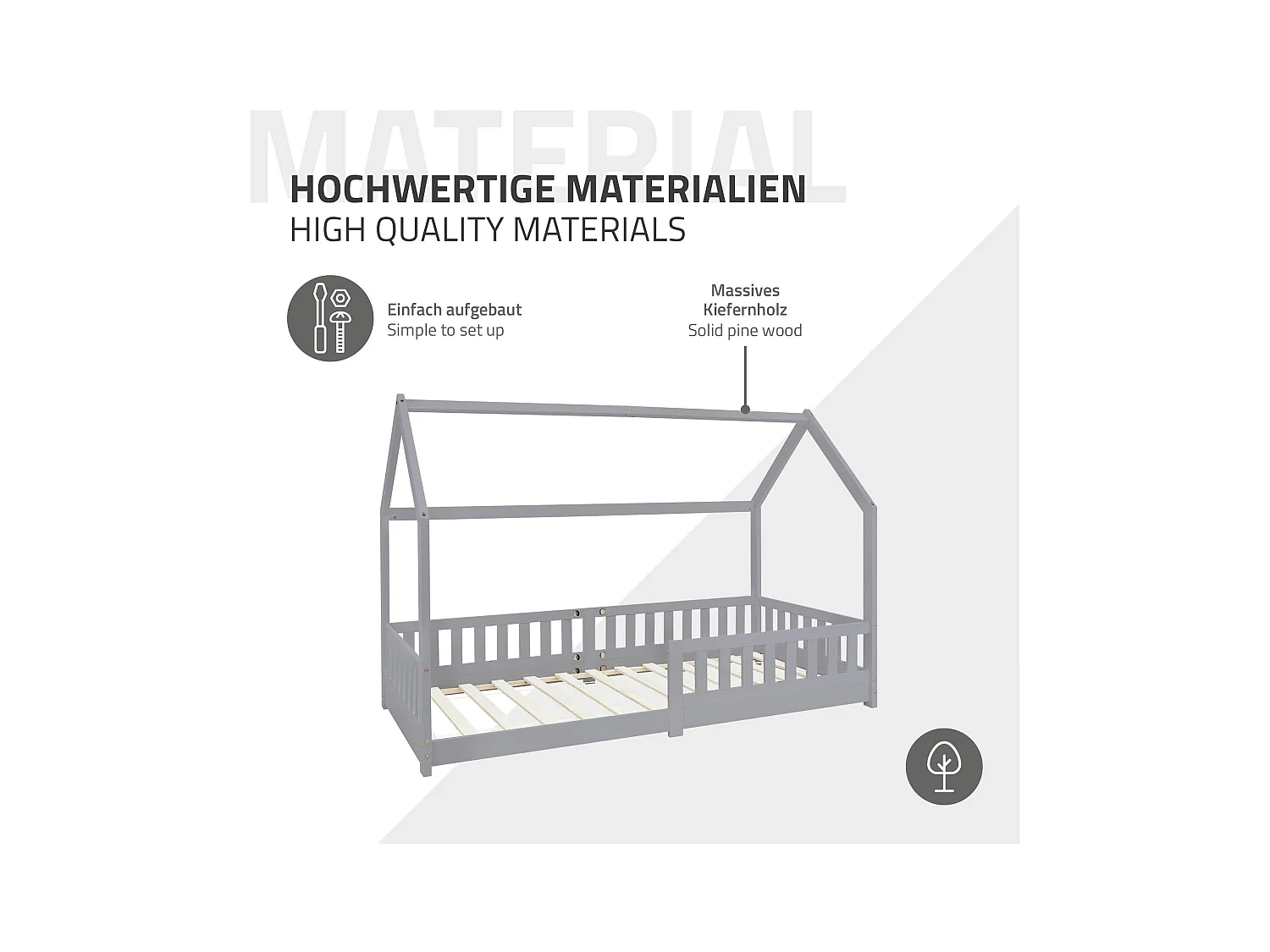 Lit d'enfants 90x200 cm gris clair style maison bois de pin massif matelas H:10 cm housse amovible sommier protection anti-chute pour filles garçons