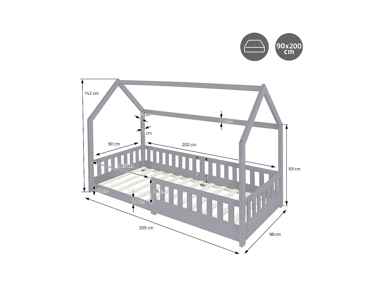 Lit d'enfants 90x200 cm gris clair style maison bois de pin massif matelas H:10 cm housse amovible sommier protection anti-chute pour filles garçons