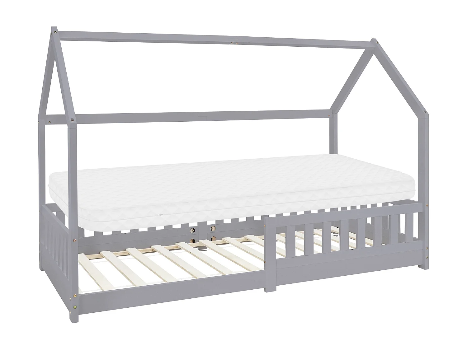 Lit d'enfants 90x200 cm gris clair style maison bois de pin massif matelas H:10 cm housse amovible sommier protection anti-chute pour filles garçons