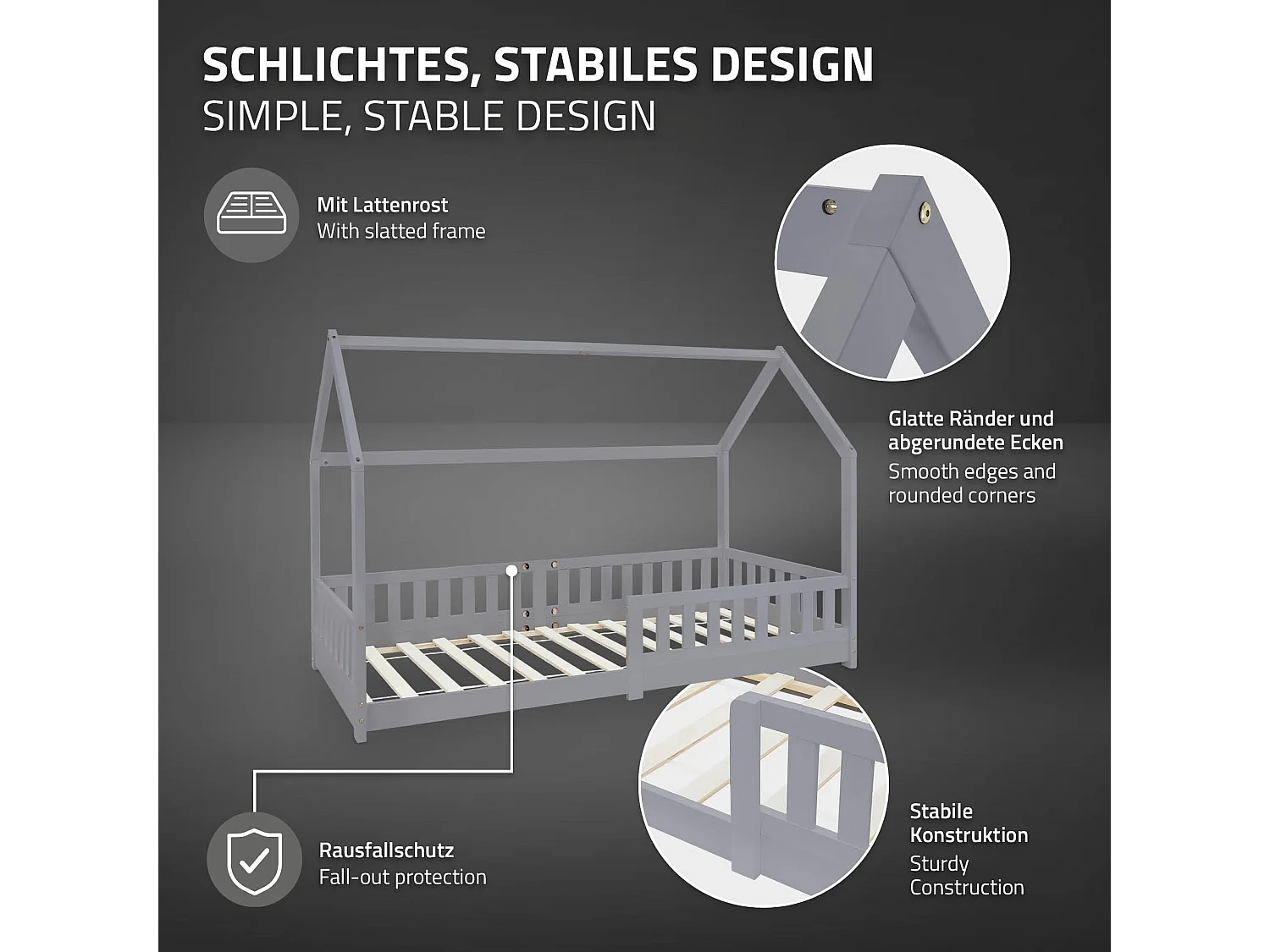 Lit d'enfants 90x200 cm gris clair style maison bois de pin massif matelas H:10 cm housse amovible sommier protection anti-chute pour filles garçons