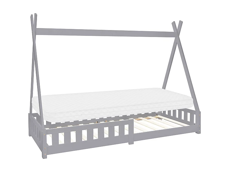 ML-Design Letto per bambini tenda tipi 90x200 cm grigio in pino massiccio con materasso in schiuma fredda, protezione anticaduta, forma di casetta