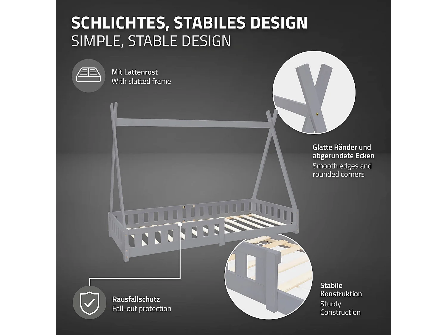 Lit d'enfants Tipi 90x200 cm gris clair style indien cadre bois de pin massif avec matelas H:10cm hypoallergénique housse amovible et sommier à lattes