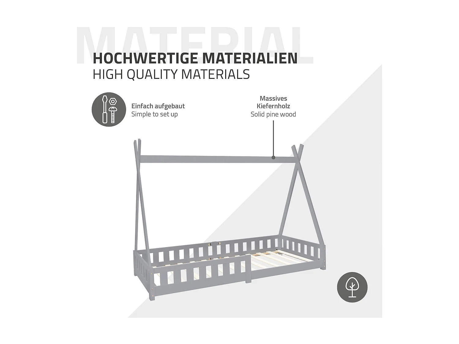 Lit d'enfants Tipi 90x200 cm gris clair style indien cadre bois de pin massif avec matelas H:10cm hypoallergénique housse amovible et sommier à lattes